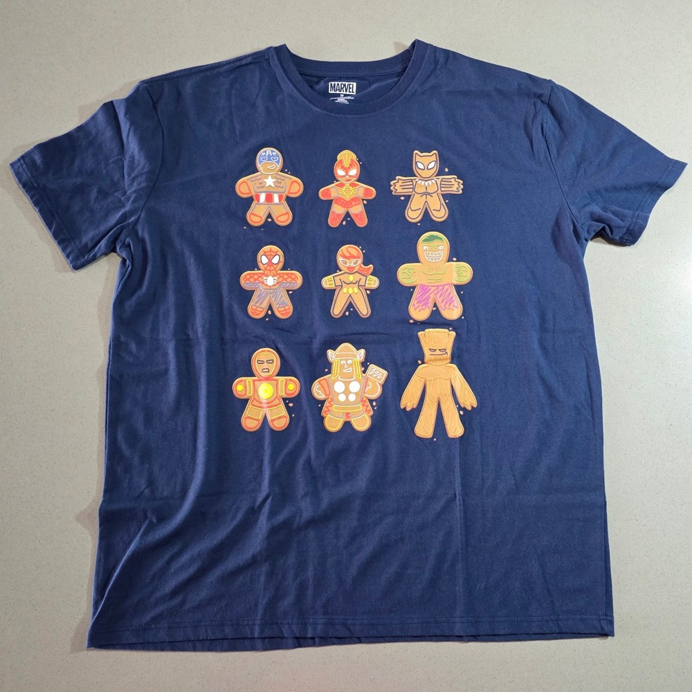 Marvel Avengers Gingerbread Christmas Graphic T-Shirt Navy Blue 2XL